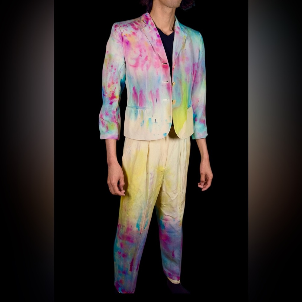 Party Dyed Suit Vintage Painted Blazer Rainbow Boho Jacket Funky Y2K Pants Chic - Picture 7 of 16